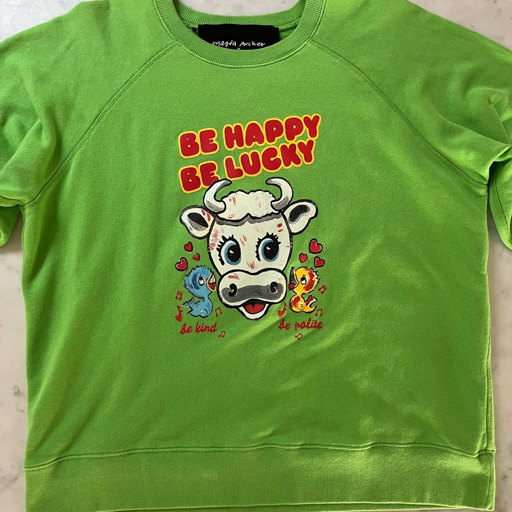 MARC JACOBS X MAGDA ARCHER BE HAPPY BE LUCKY GREEN GRAPHIC SWEATSHIRT, AUTHENTIC